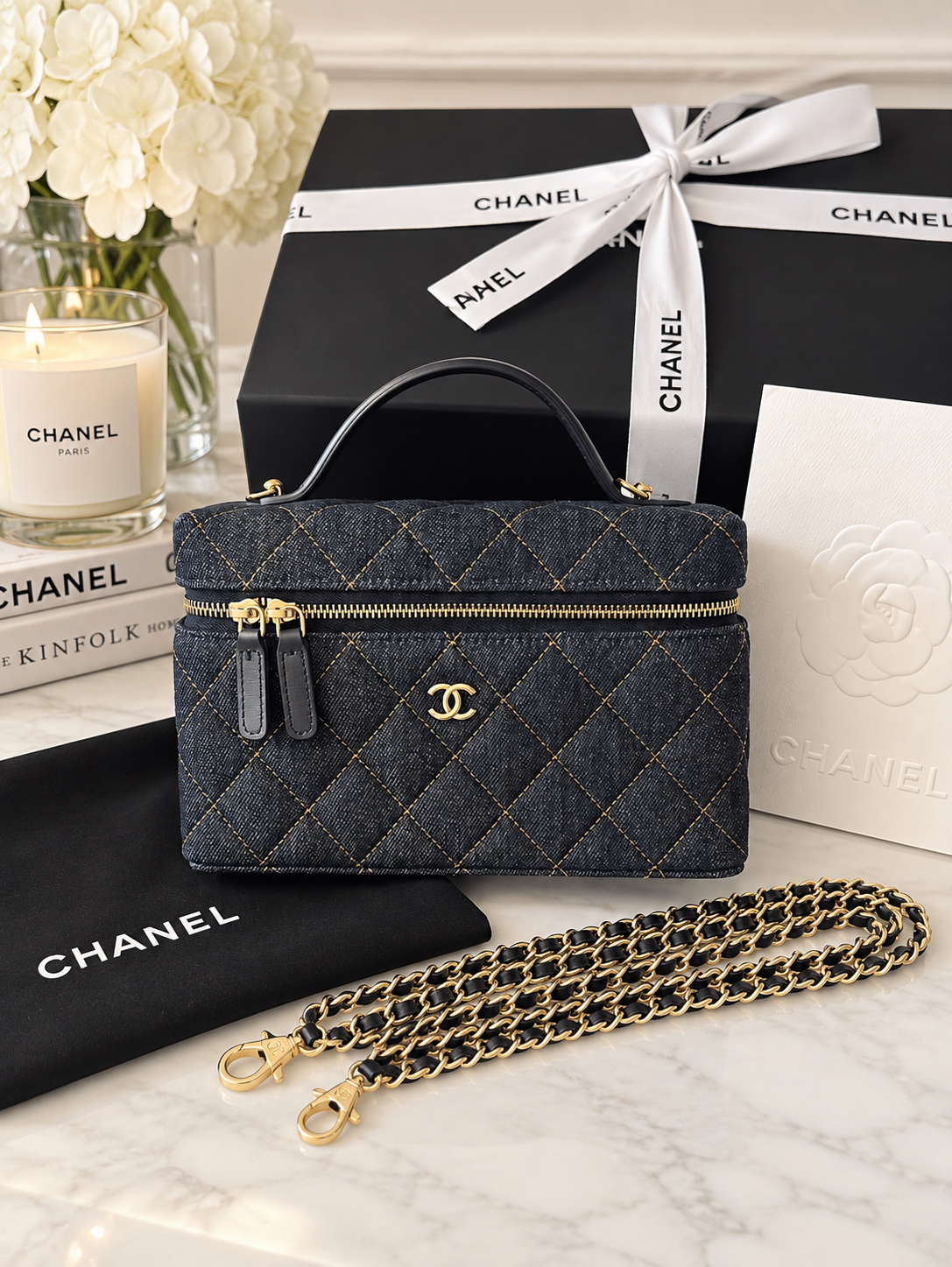 Chanel Denim Slim Top Handle Vanity Case w/ Chain