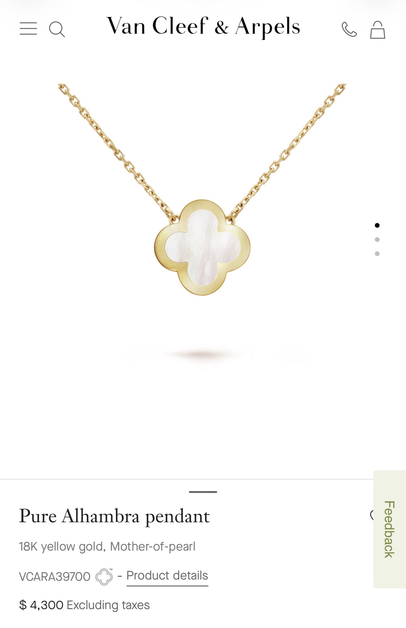 Pure Alhambra pendant
18K yellow gold, Mother-of-pearl