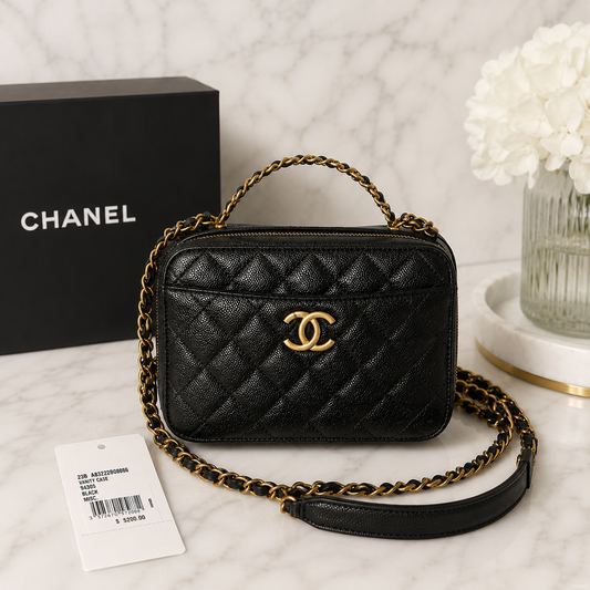 Black Caviar Quilted Pick Me Up Vanity Case Logo Handle Small Aged Gold Hardware
