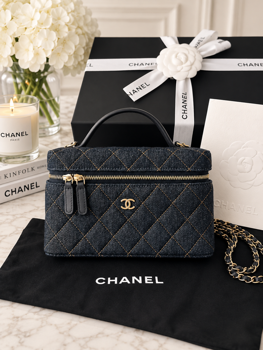 Chanel Denim Slim Top Handle Vanity Case w/ Chain