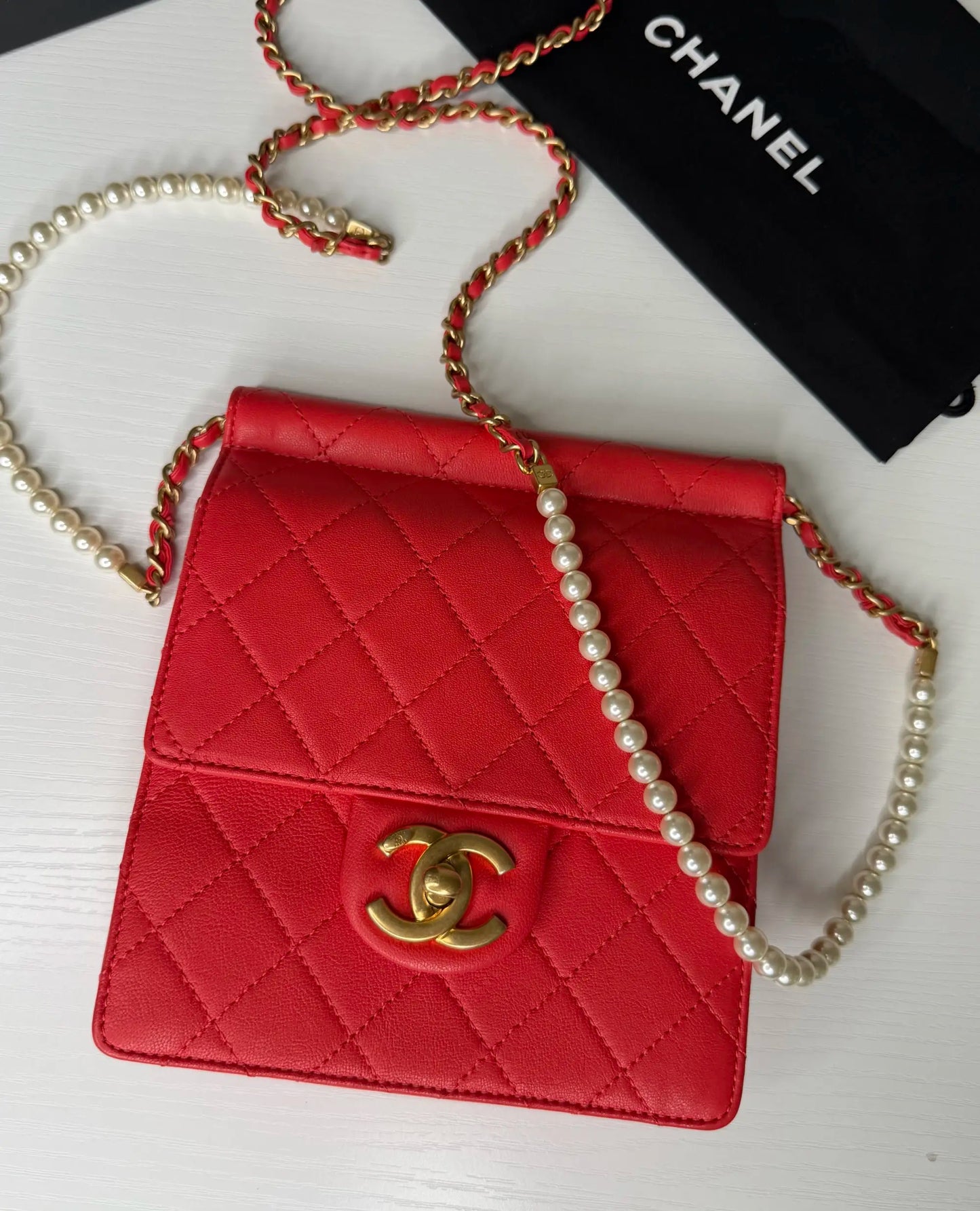 Chanel Red Pearl Quilted Lambskin Bag
