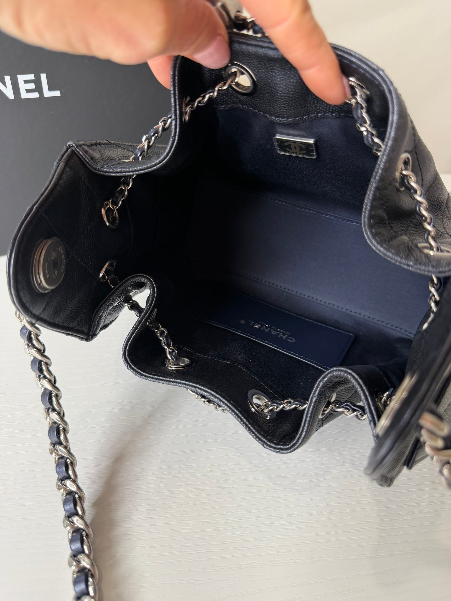 Chanel 25 Caviar Mini Metallic Navy