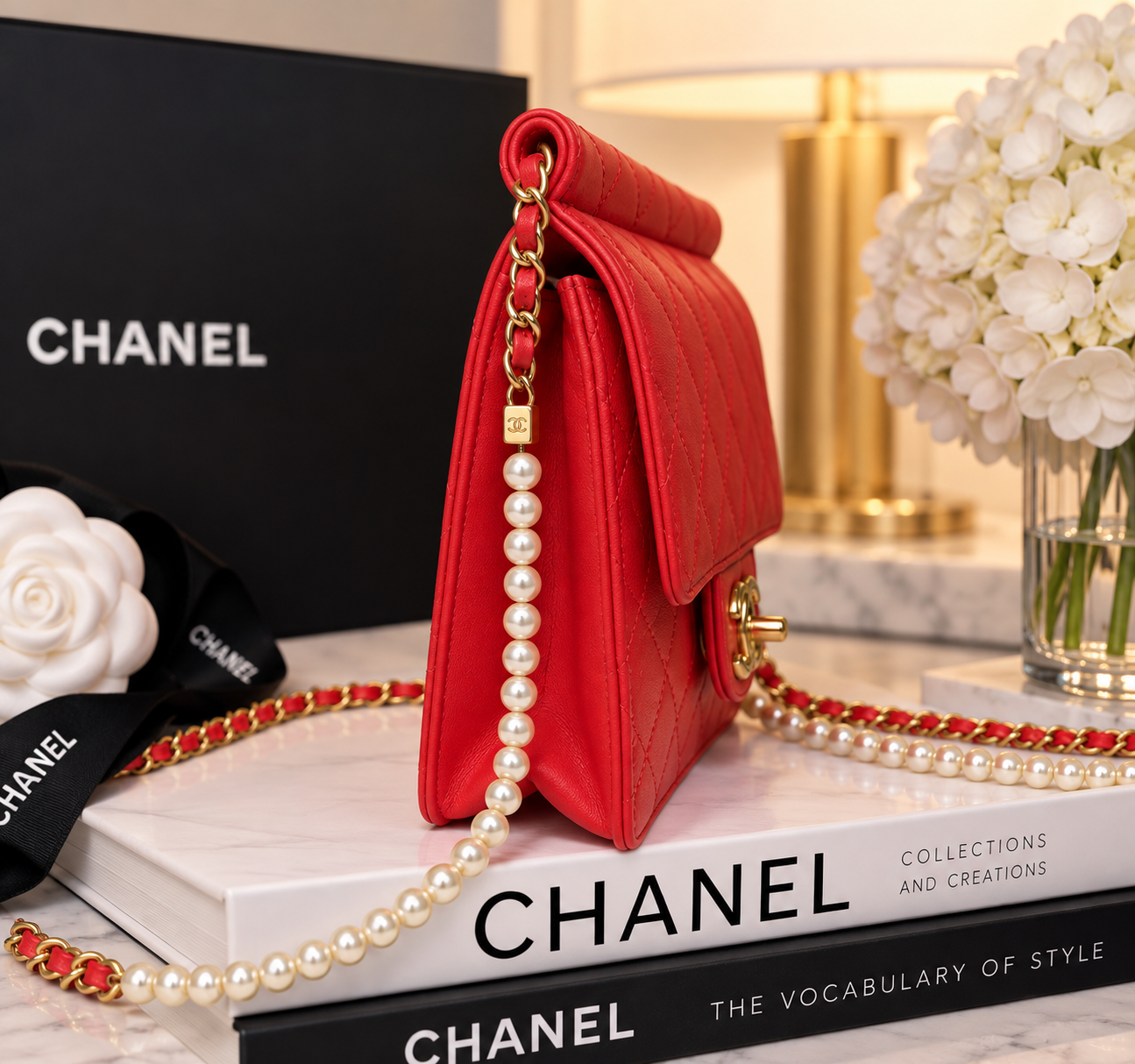 Chanel Red Pearl Quilted Lambskin Bag