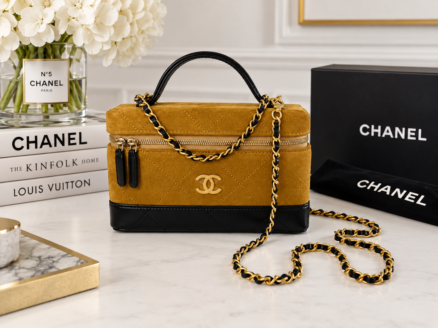 Chanel Suede Top Handle Slim Vanity Case With Chain Beige Black