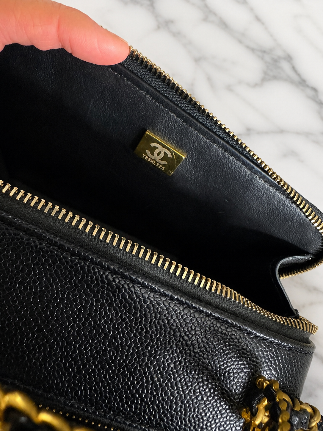 Black Caviar Quilted Pick Me Up Vanity Case Logo Handle Small Aged Gold Hardware