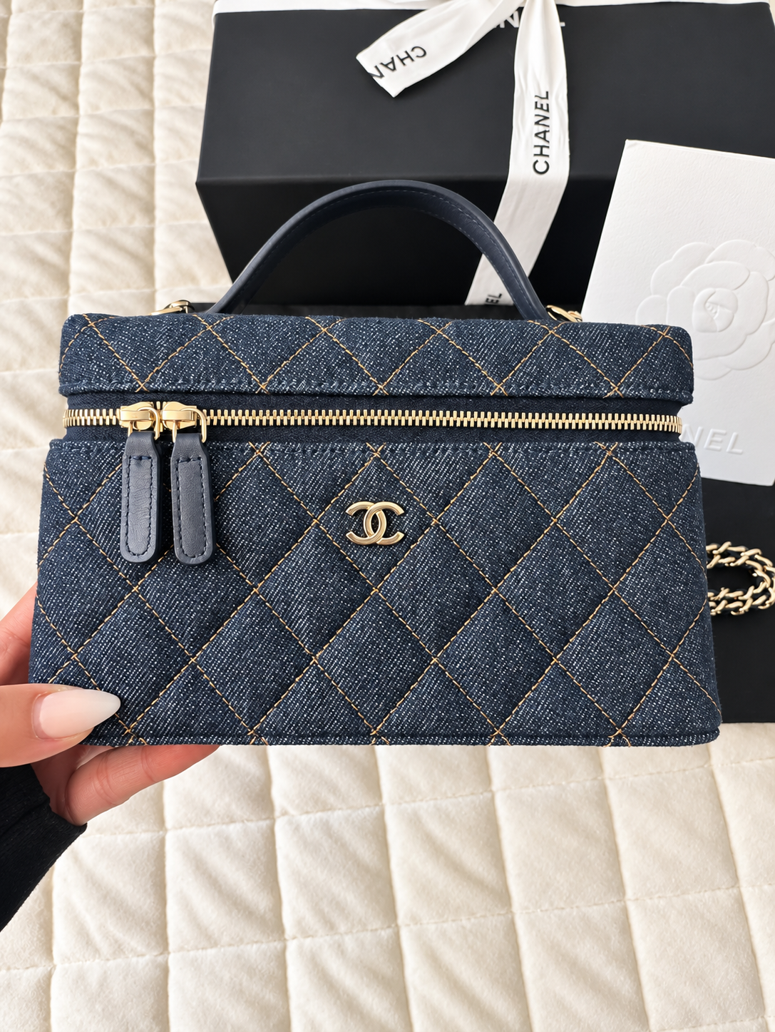 Chanel Denim Slim Top Handle Vanity Case w/ Chain