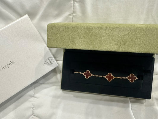 18K Yellow Gold Carnelian 5 Motifs Vintage Alhambra Bracelet