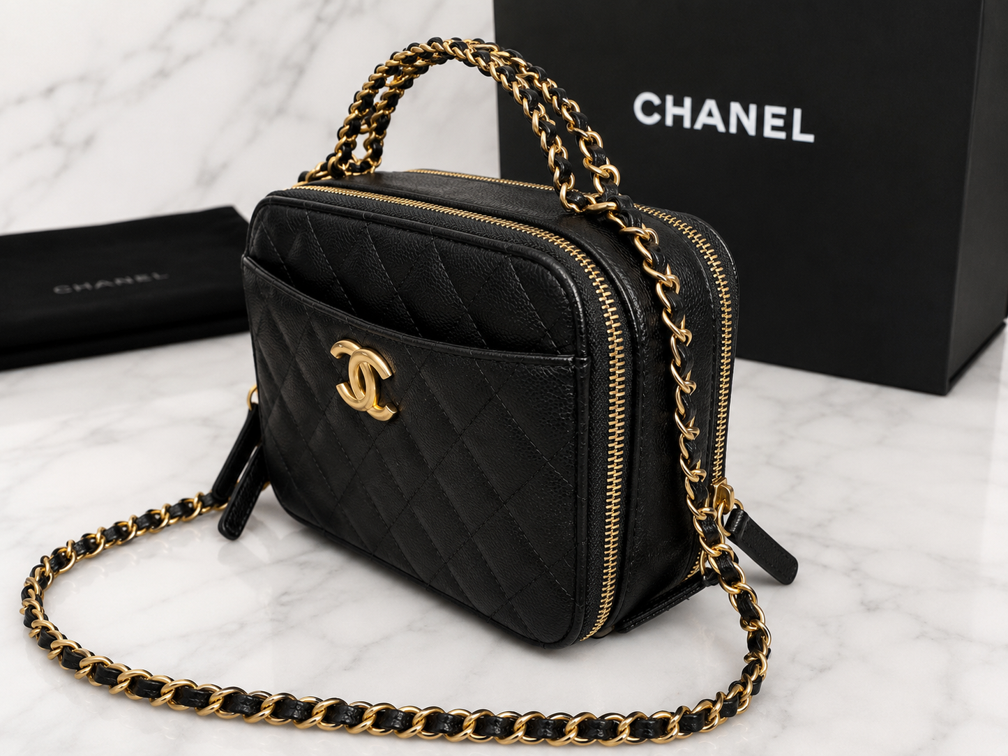 Black Caviar Quilted Pick Me Up Vanity Case Logo Handle Small Aged Gold Hardware
