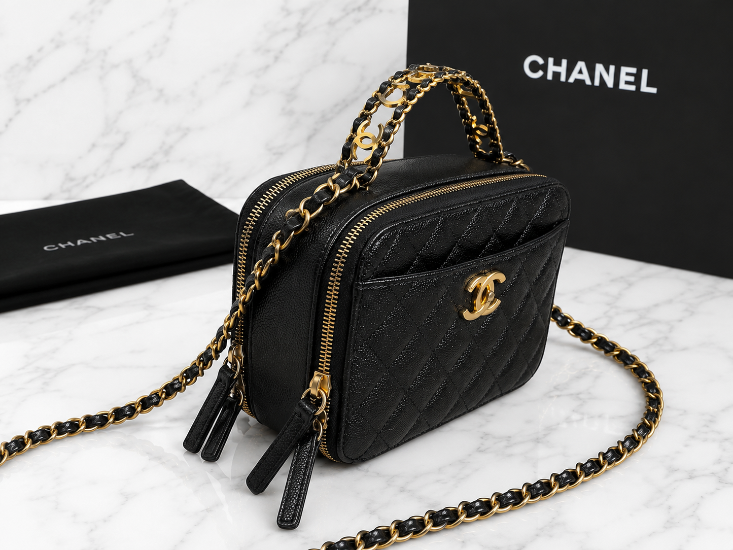Black Caviar Quilted Pick Me Up Vanity Case Logo Handle Small Aged Gold Hardware