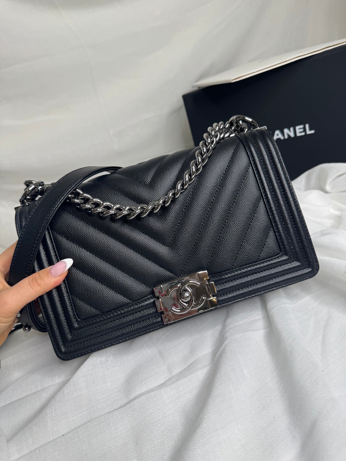 Chanel caviar Chevron boy medium SHW