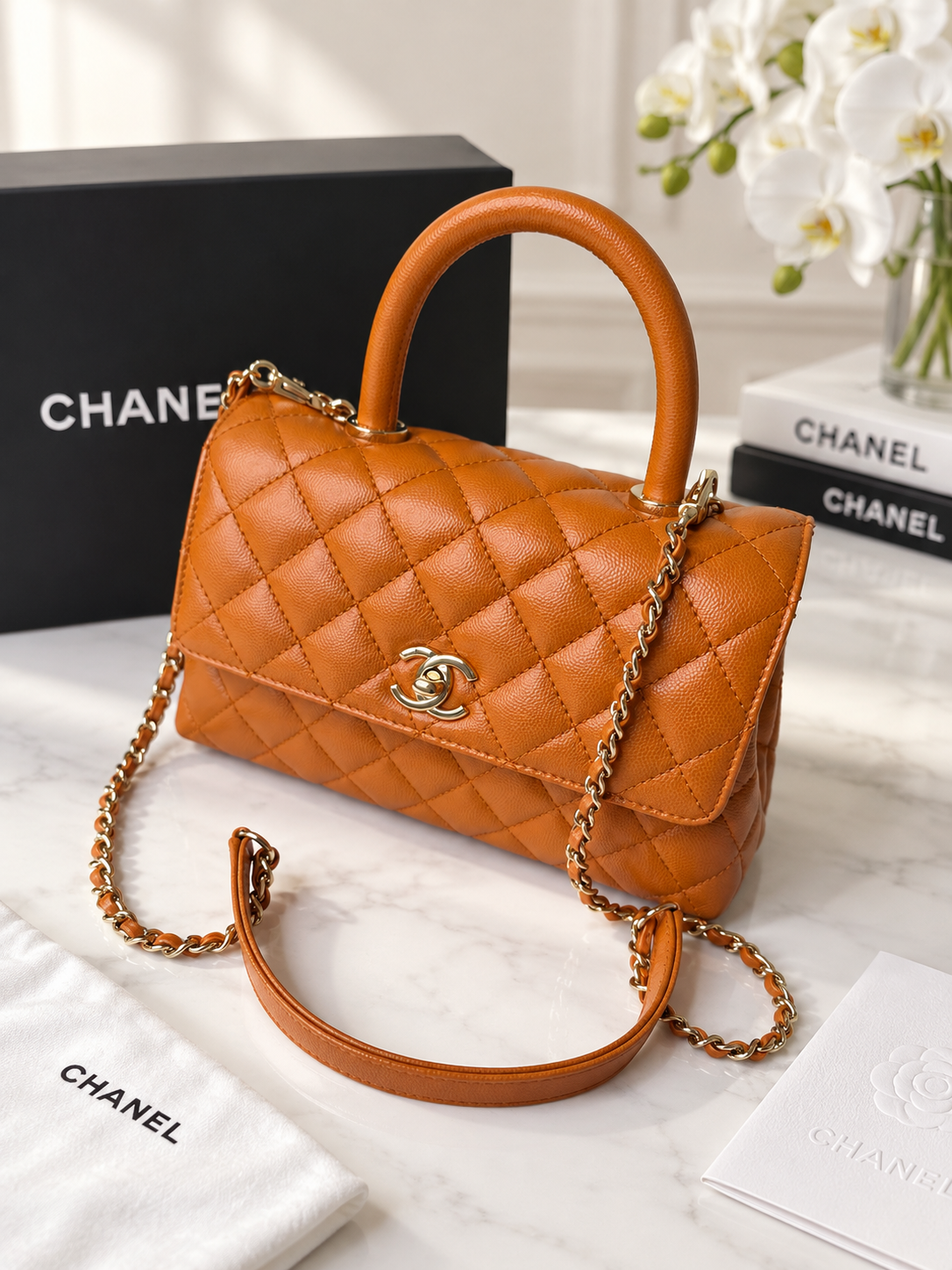 Chanel Caviar Coco Top Handle Carmel