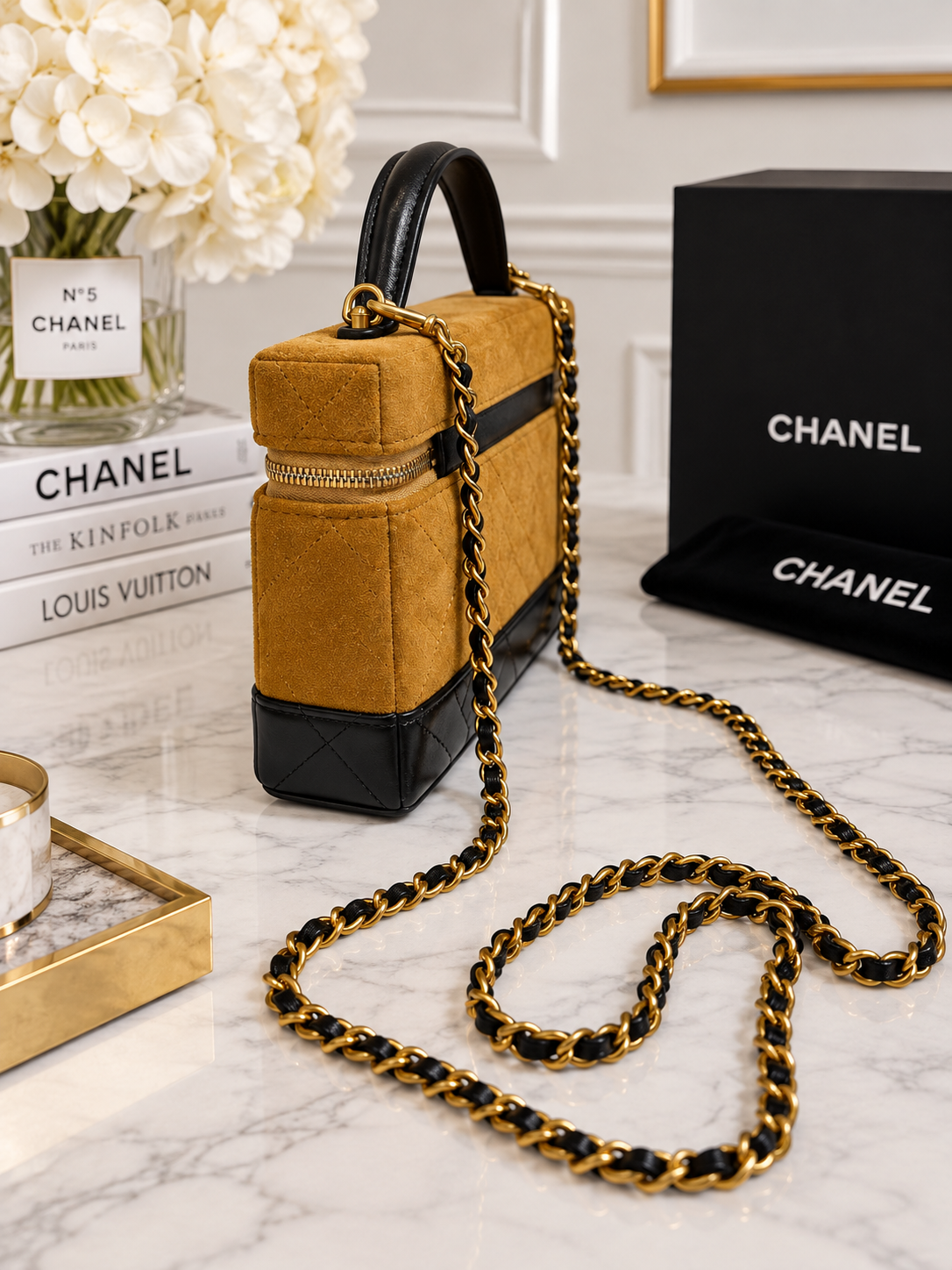 Chanel Suede Top Handle Slim Vanity Case With Chain Beige Black