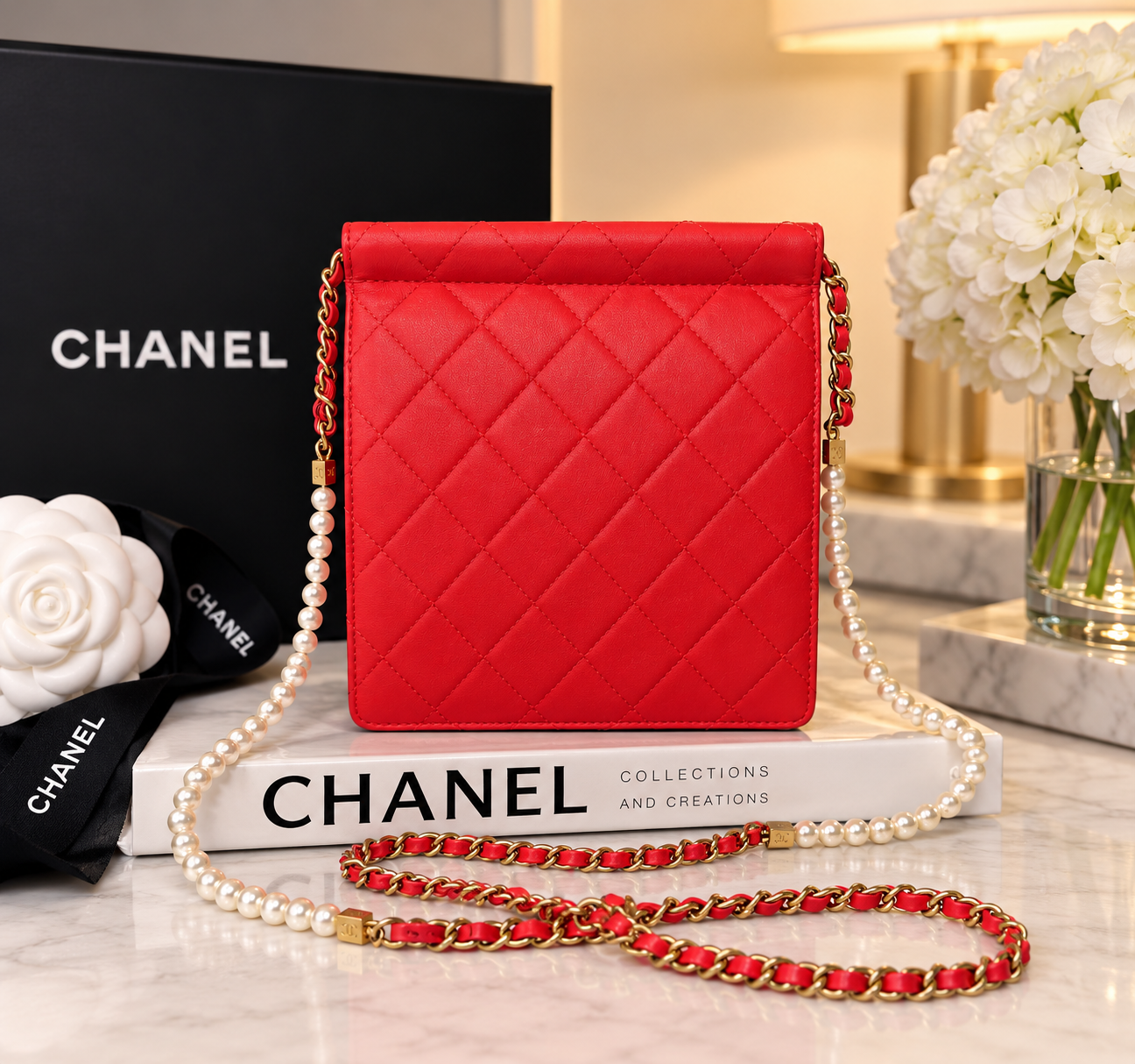 Chanel Red Pearl Quilted Lambskin Bag