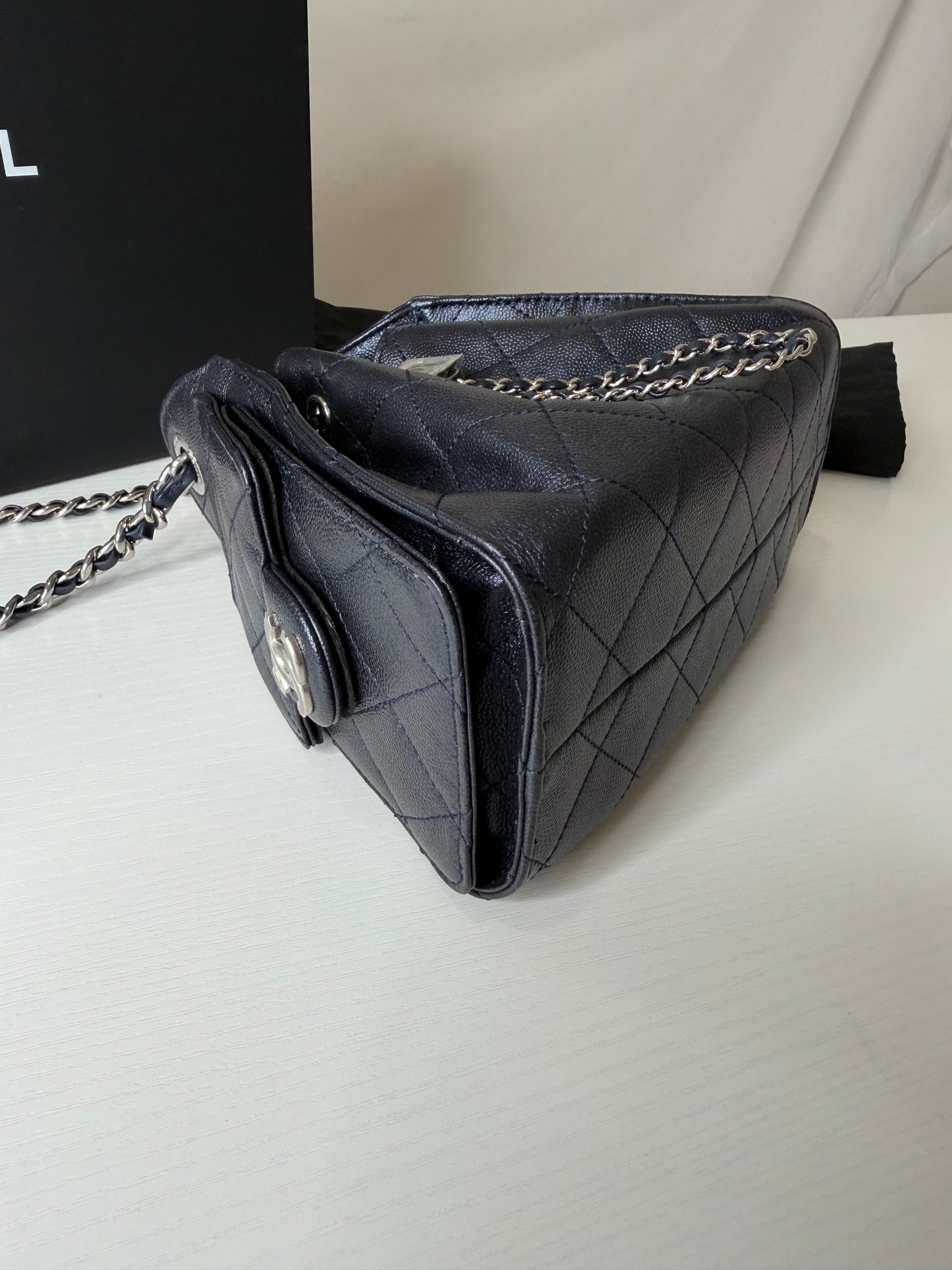 Chanel 25 Caviar Mini Metallic Navy