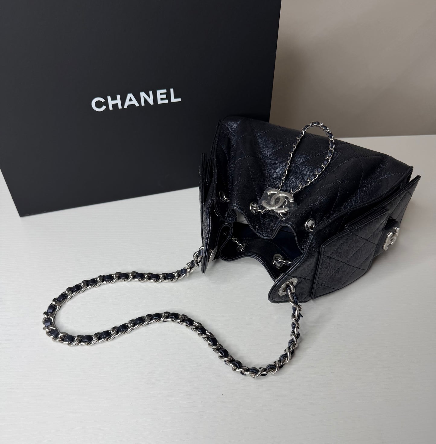 Chanel 25 Caviar Mini Metallic Navy