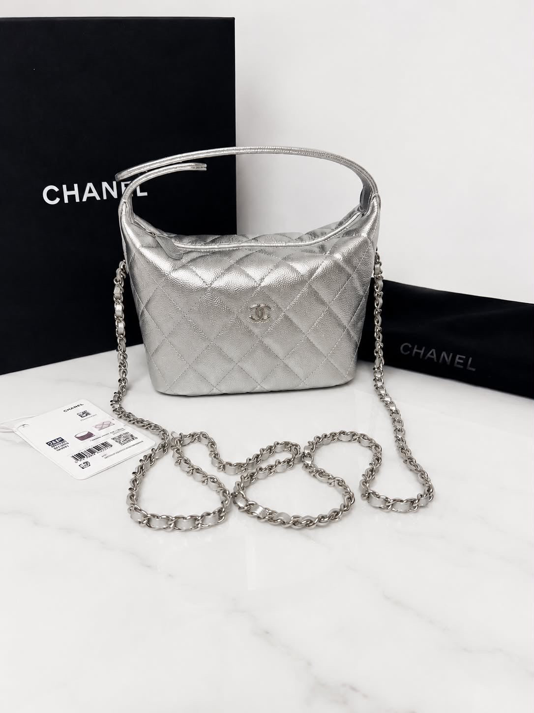 Chanel Caviar Quilted Hobo Bags Silver