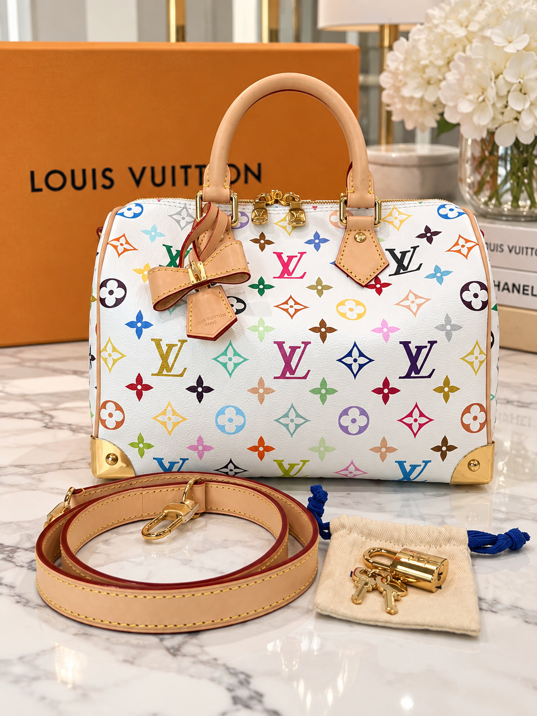 LV X TM Monogram Multicolor Speedy Bandouliere 25 White