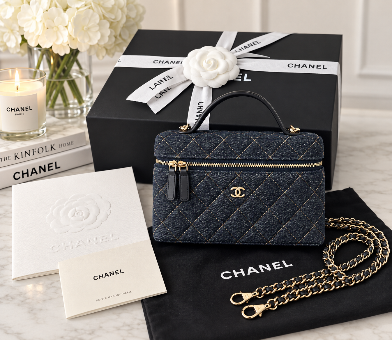 Chanel Denim Slim Top Handle Vanity Case w/ Chain
