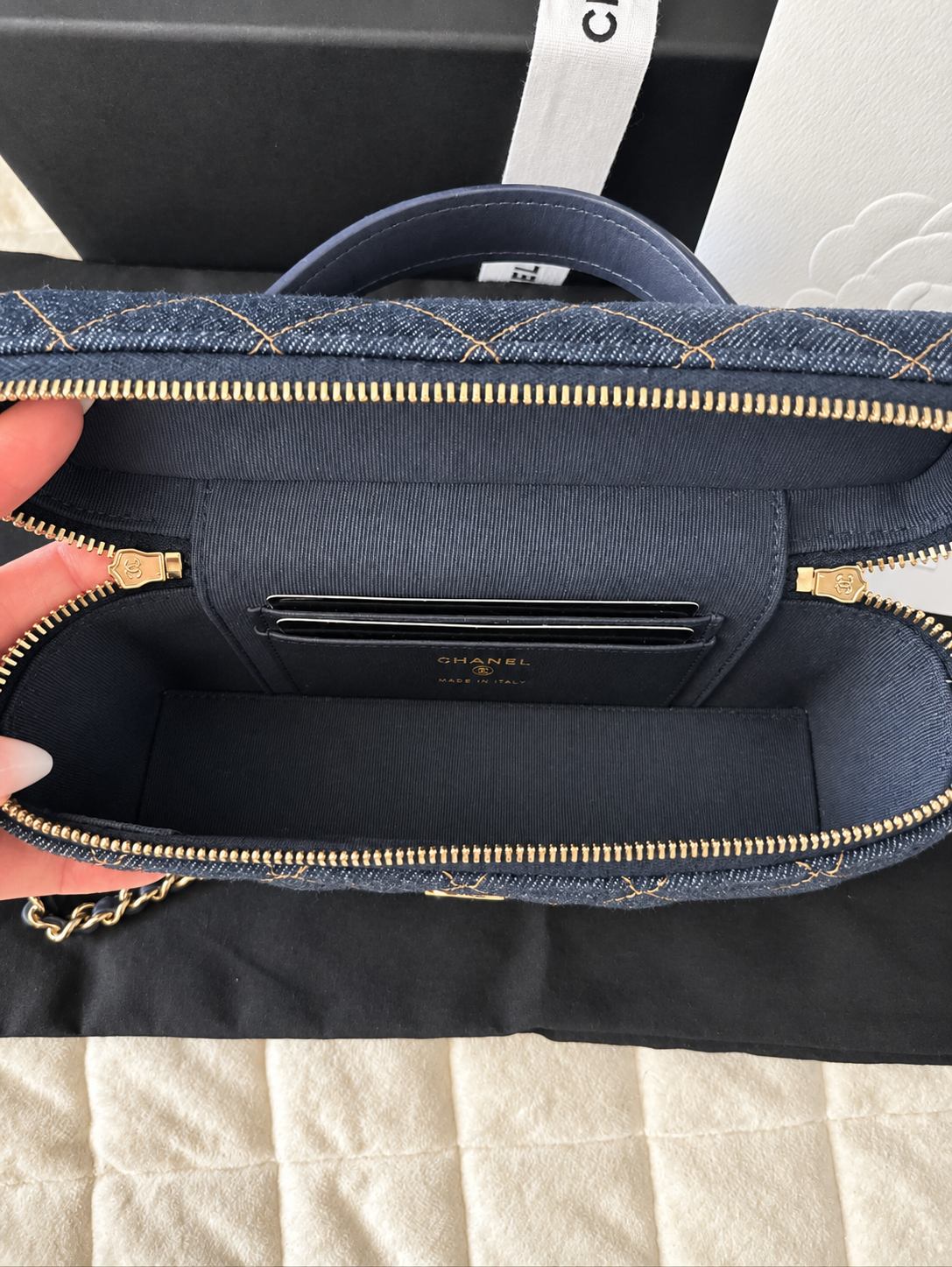 Chanel Denim Slim Top Handle Vanity Case w/ Chain