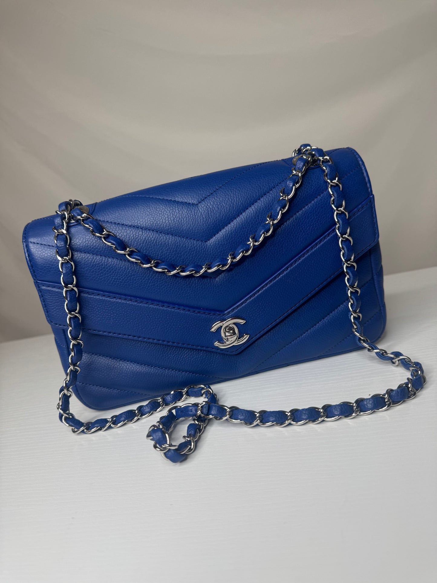 Chanel Caviar Chevron Single Flap Blue