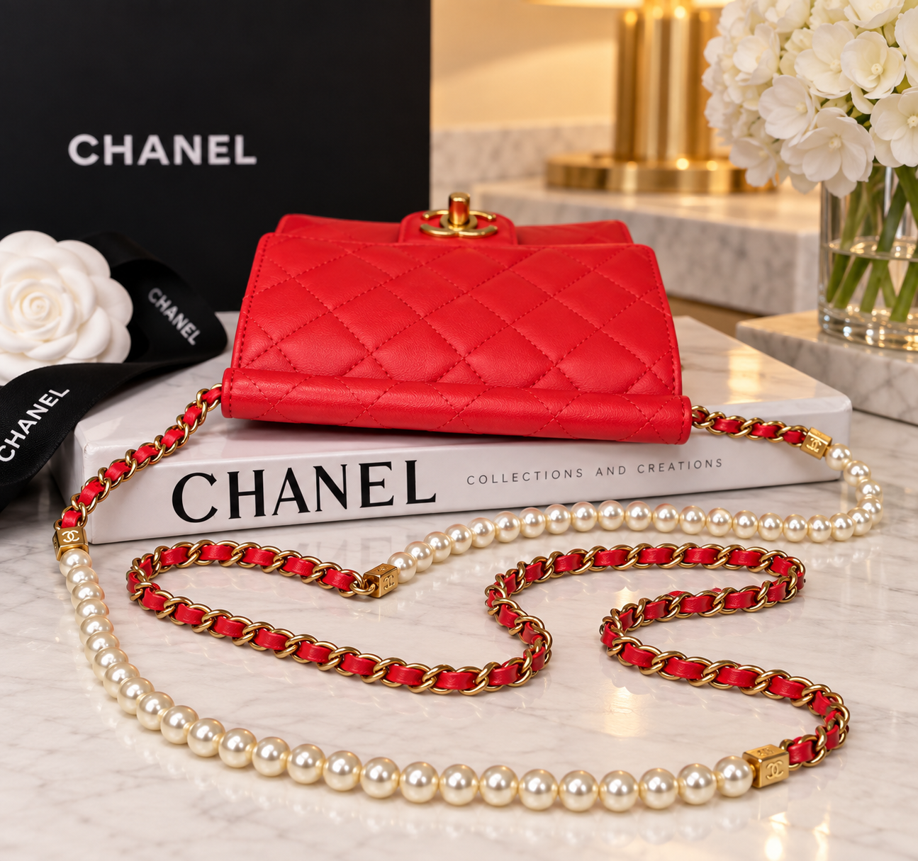 Chanel Red Pearl Quilted Lambskin Bag