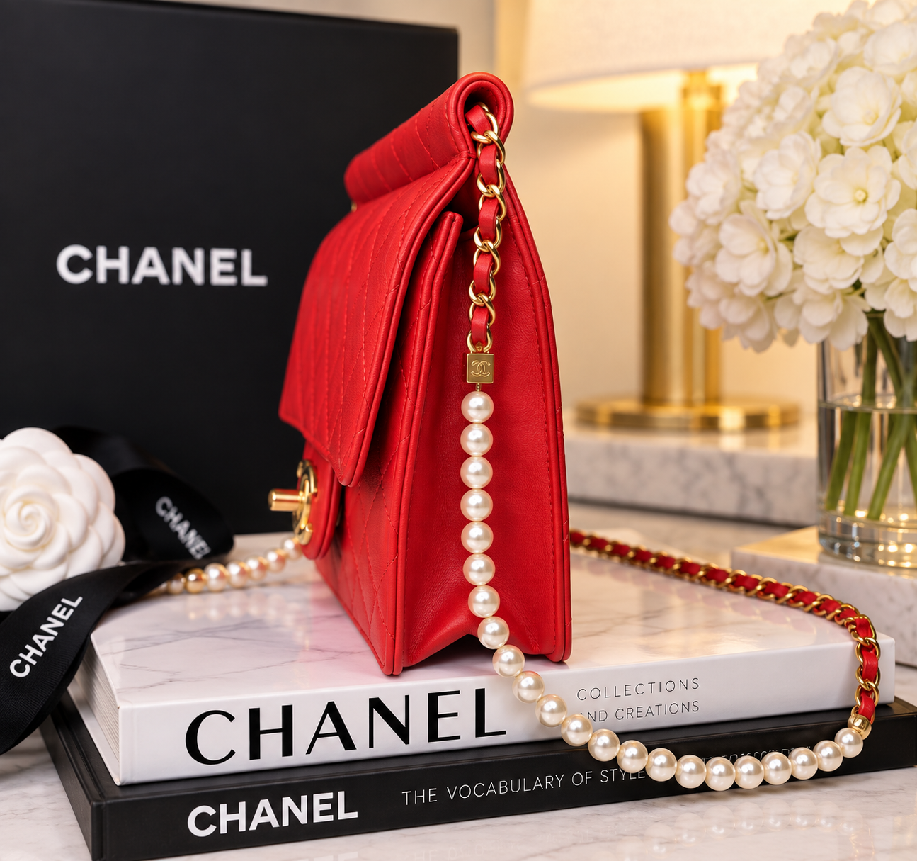 Chanel Red Pearl Quilted Lambskin Bag
