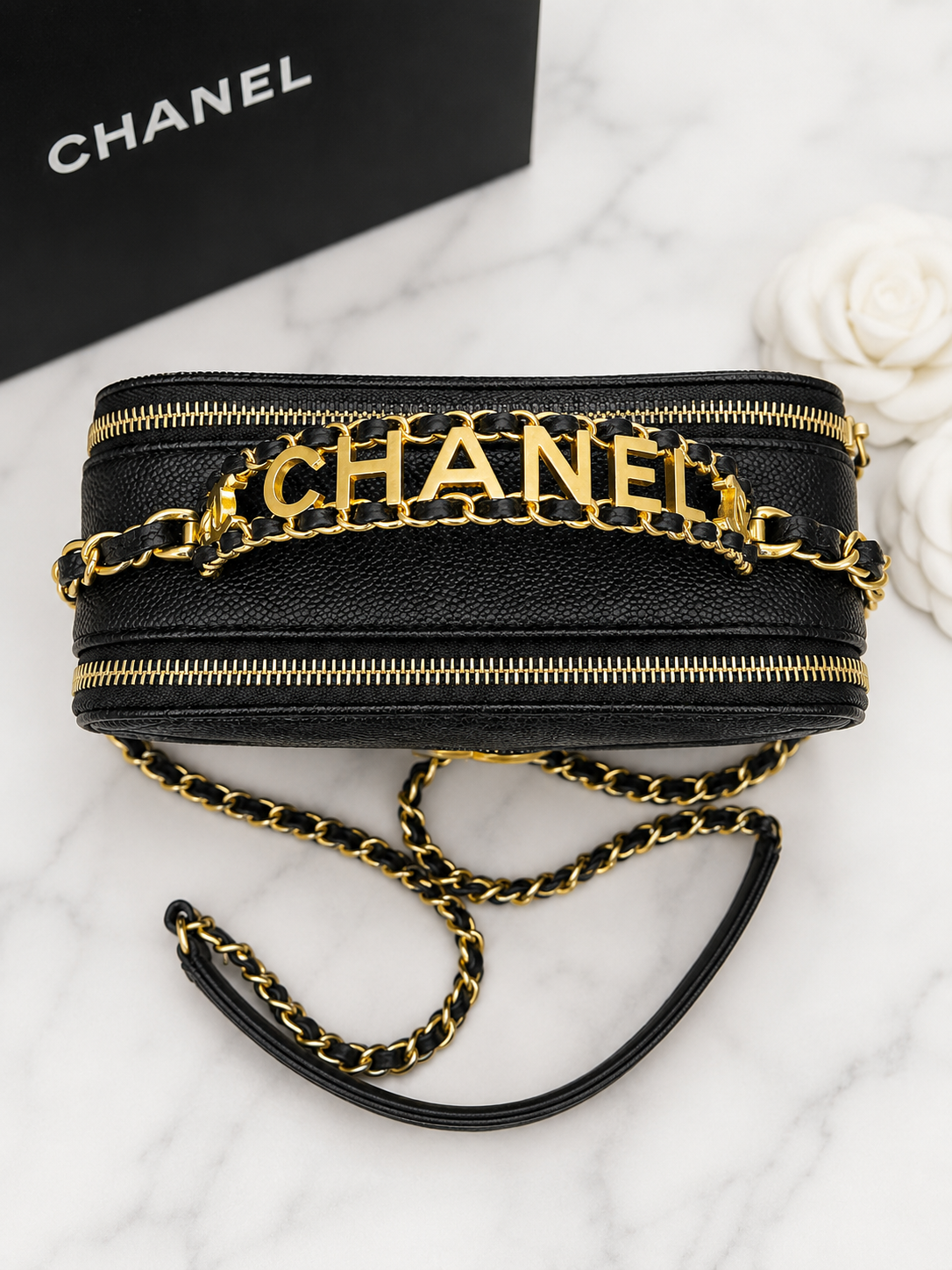 Black Caviar Quilted Pick Me Up Vanity Case Logo Handle Small Aged Gold Hardware
