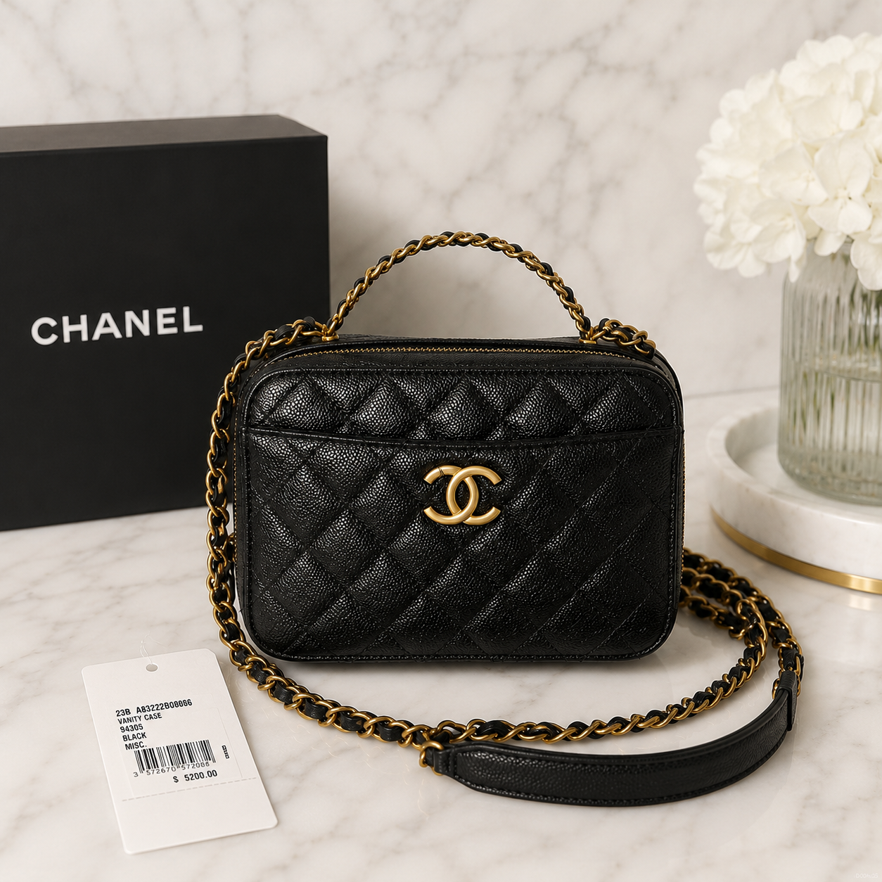 Black Caviar Quilted Pick Me Up Vanity Case Logo Handle Small Aged Gold Hardware