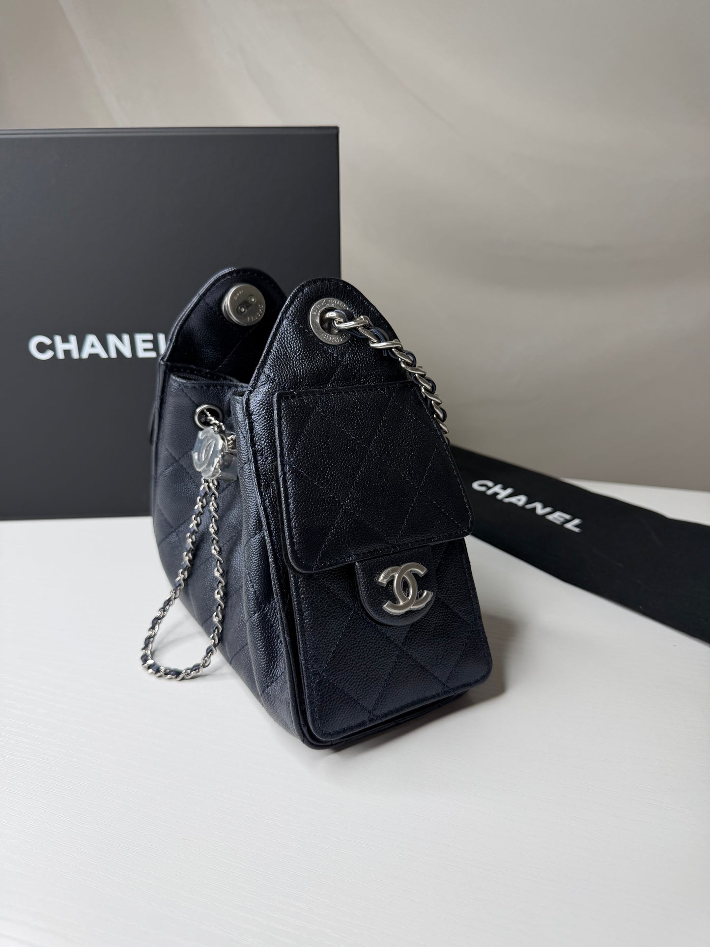 Chanel 25 Caviar Mini Metallic Navy
