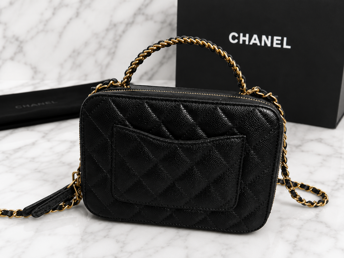 Black Caviar Quilted Pick Me Up Vanity Case Logo Handle Small Aged Gold Hardware