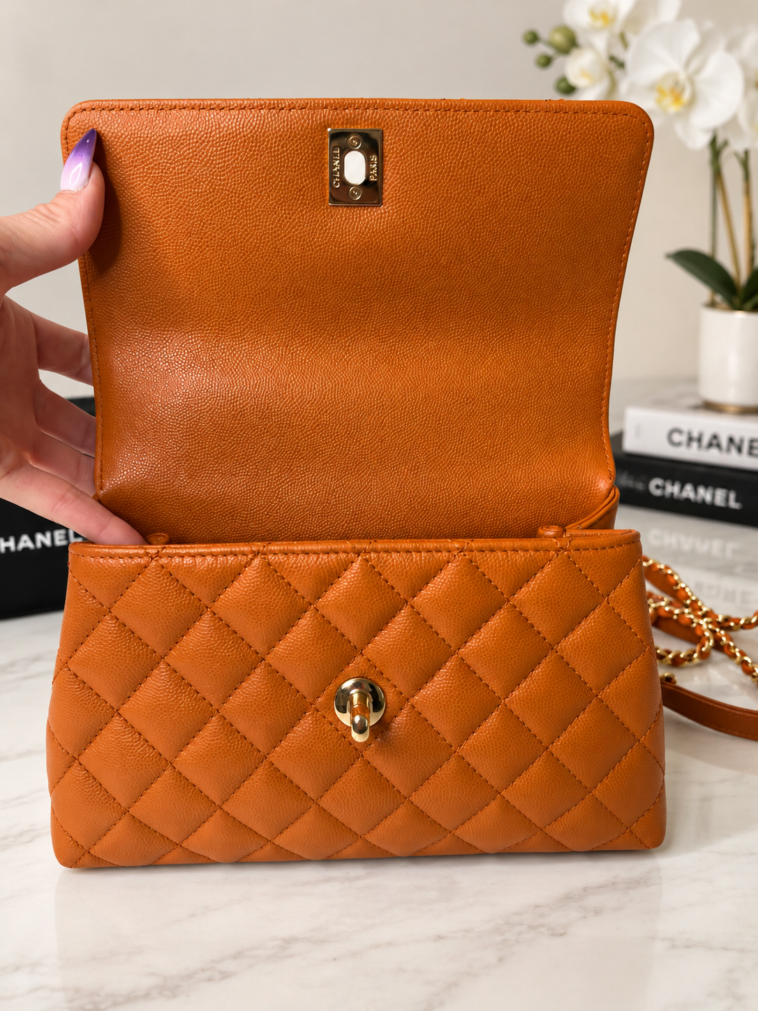Chanel Caviar Coco Top Handle Carmel