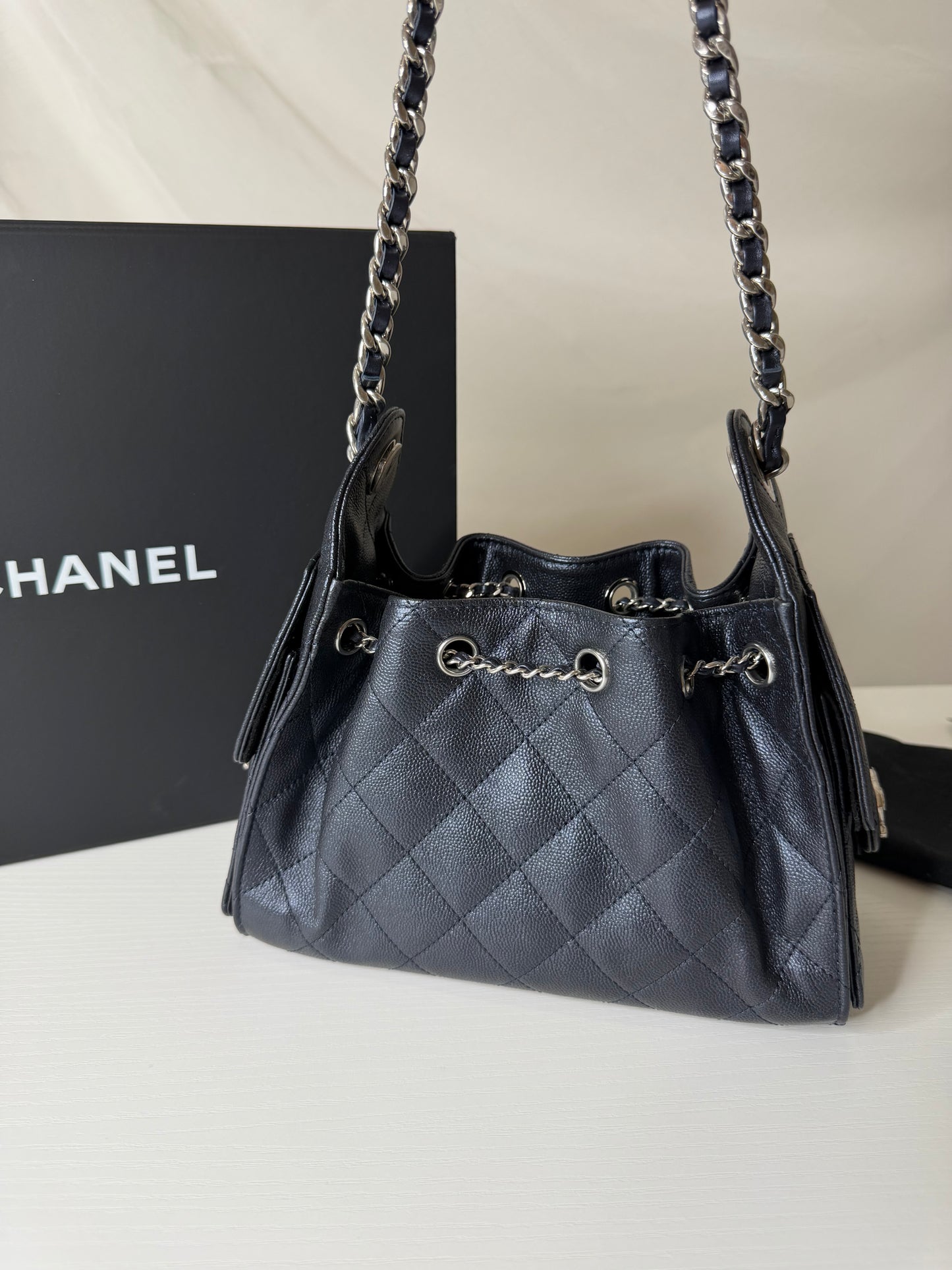 Chanel 25 Caviar Mini Metallic Navy