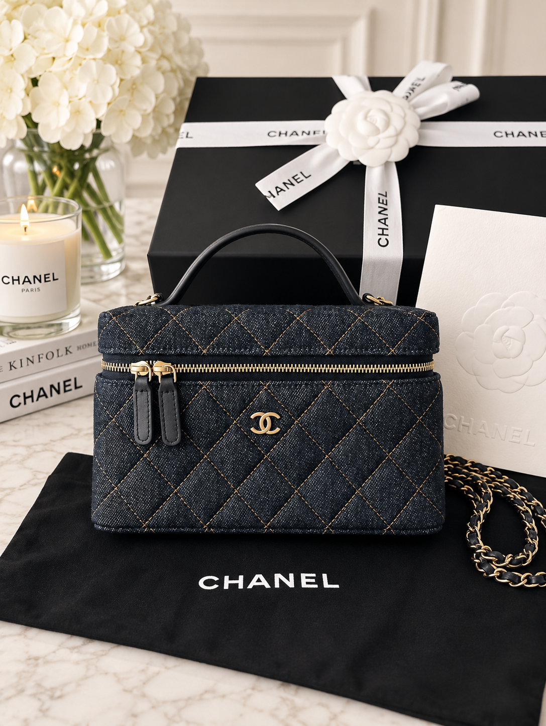 Chanel Denim Slim Top Handle Vanity Case w/ Chain