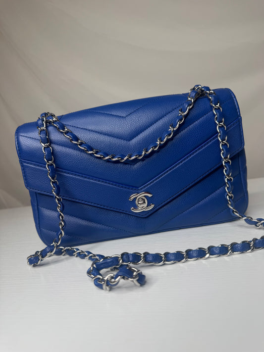 Chanel Caviar Chevron Single Flap Blue