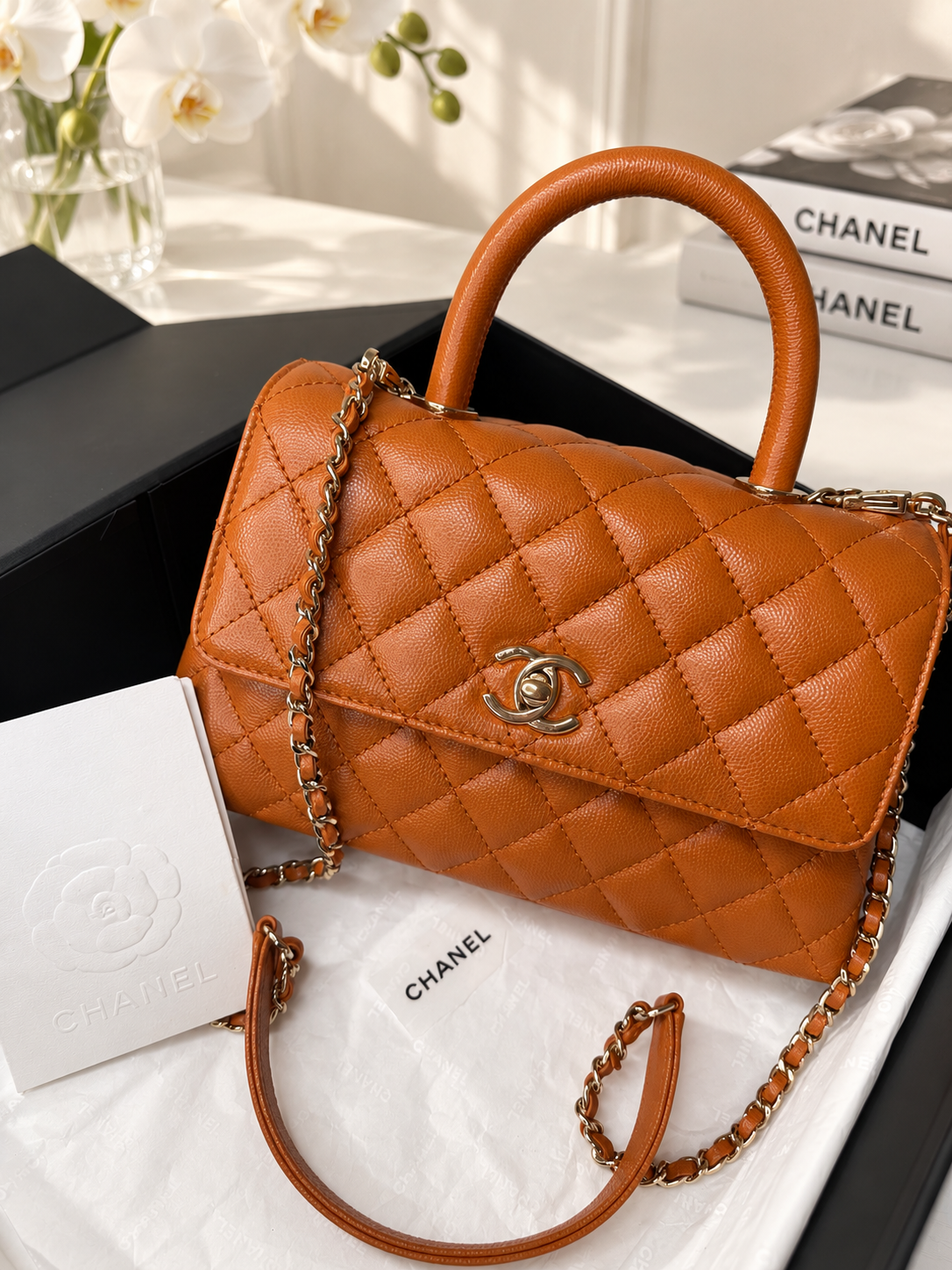 Chanel Caviar Coco Top Handle Carmel