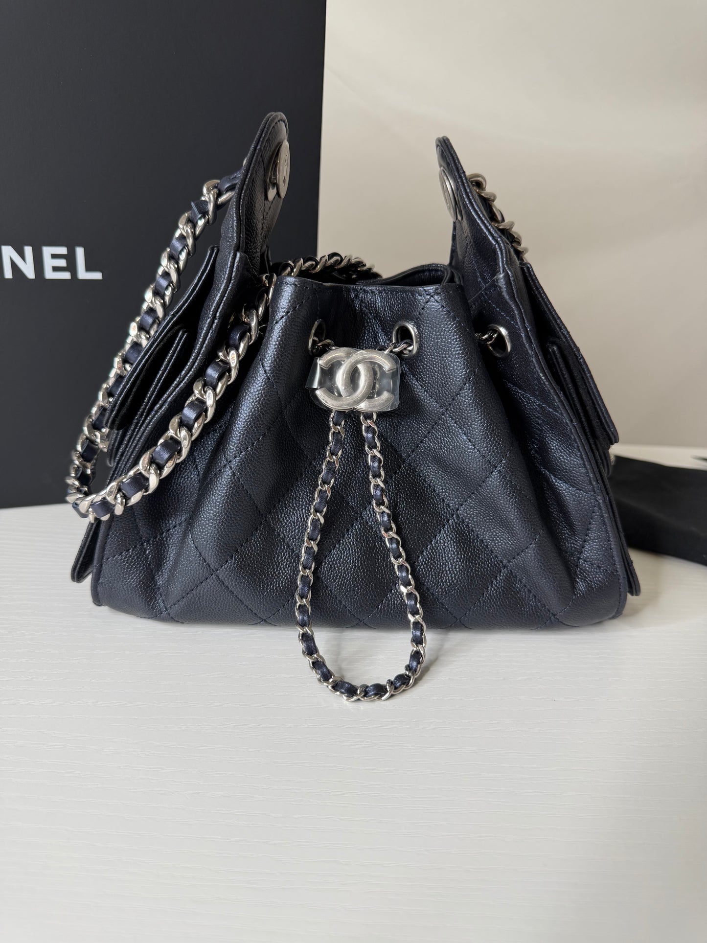 Chanel 25 Caviar Mini Metallic Navy