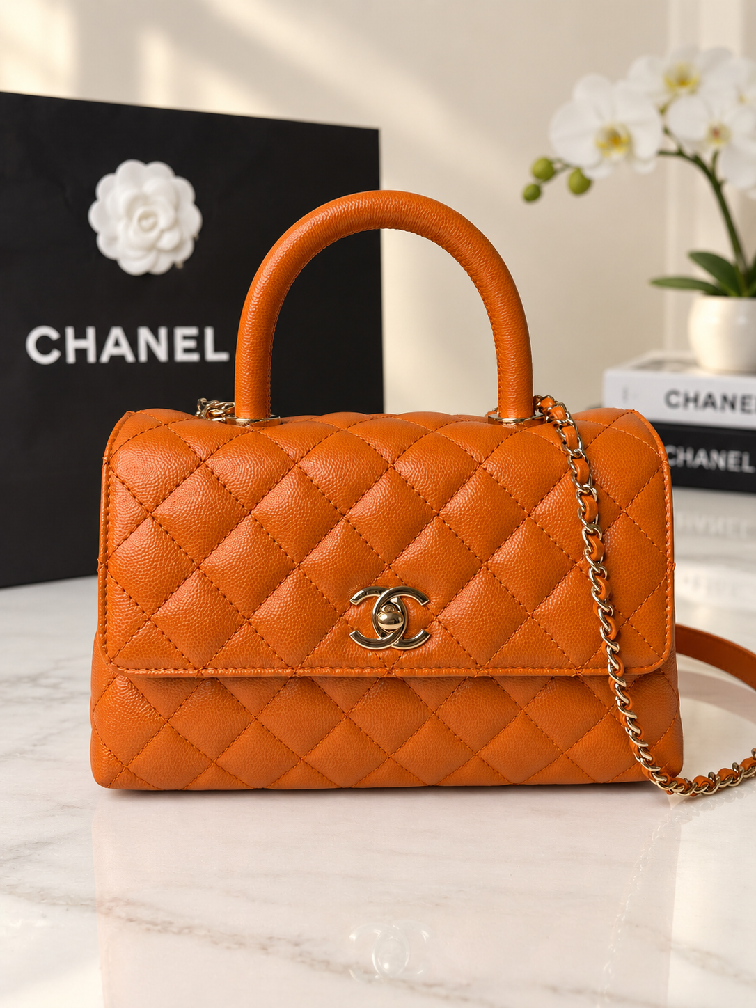 Chanel Caviar Coco Top Handle Carmel