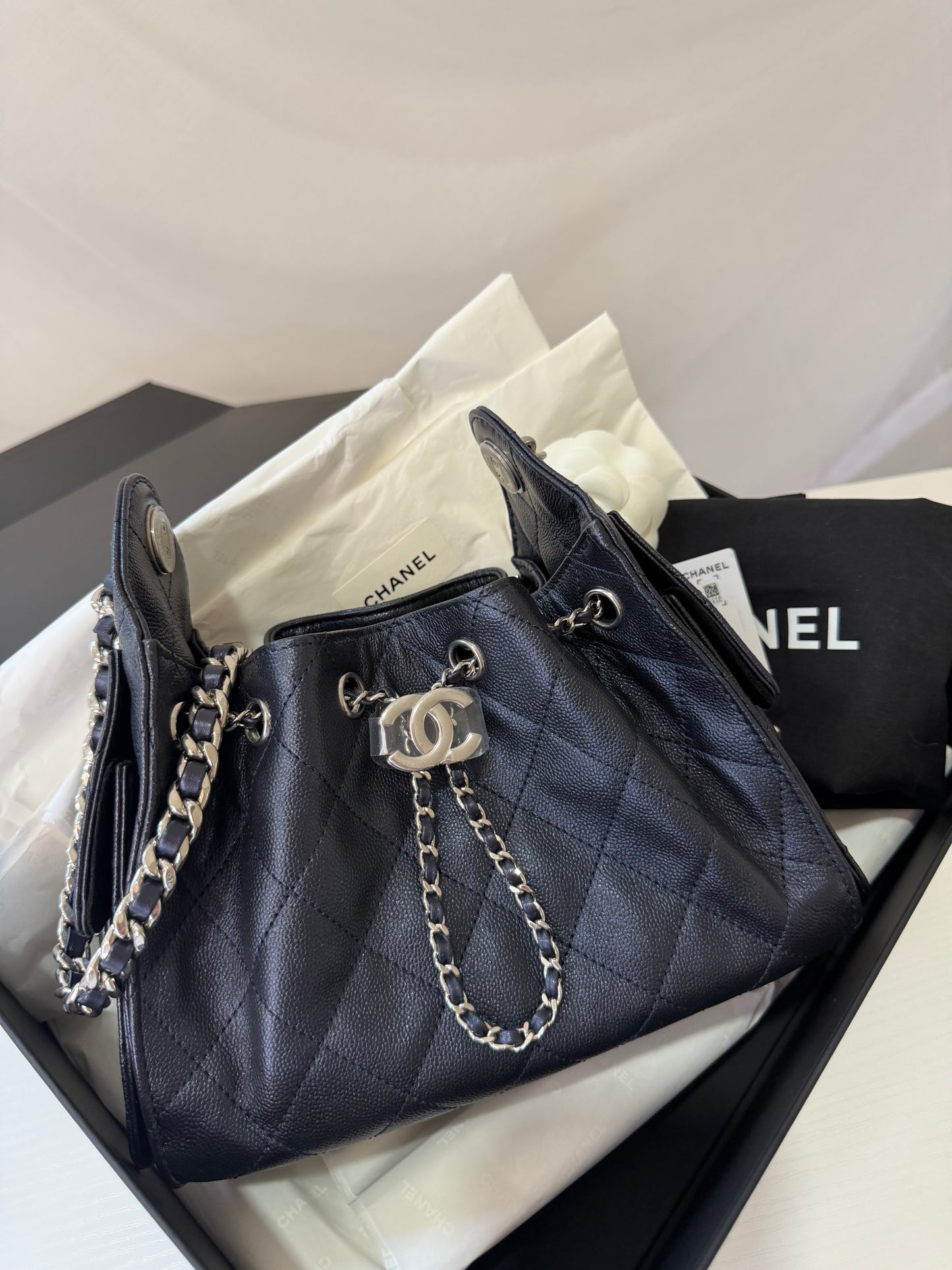 Chanel 25 Caviar Mini Metallic Navy