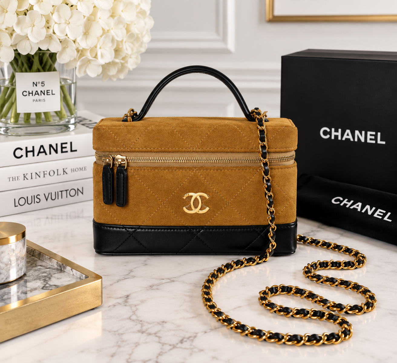 Chanel Suede Top Handle Slim Vanity Case With Chain Beige Black